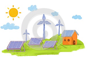 illustration of alternative energy as sun energy, solar cell, wind energy etc.