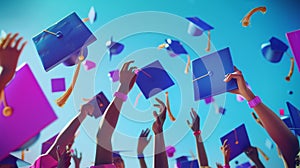 Illustration of alumni throwing graduation caps and degrees in the air. End of education ceremony concept with hats and photo