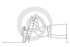 Illustration of ambitious arab businessman about to climb up ladder to overcome giant hand stopping him. Metaphor for overcome