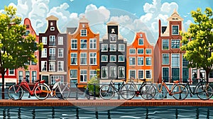 Illustration of Amsterdam canals with bicycles