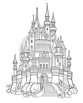 Illustration of ancient medieval kingdom. Black and white page for kids coloring book. Fairyland fortress. Worksheet for drawing