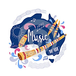 Illustration of ancient musical instruments of the aborigines of Australia-didgeridoo. Design concept template for a flyer or invi