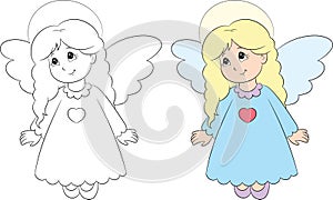 Before and after illustration of an angel, in black and white and in color, perfect for children`s coloring book