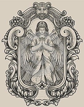 illustration angel praying with vintage engraving frame