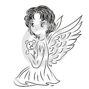 Illustration of angelâ€™s child with a toy in a doodle style. Sk