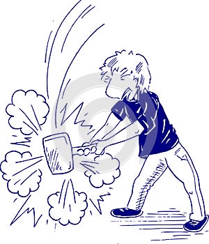 Illustration of a cartoon boy slamming with a hammer photo