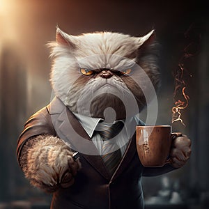 Illustration of an angry cat holding cup of coffee (Generative AI)