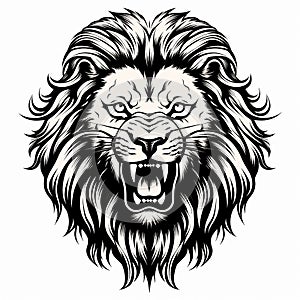 Illustration of a angry lion head in black and white coloring, generative ai