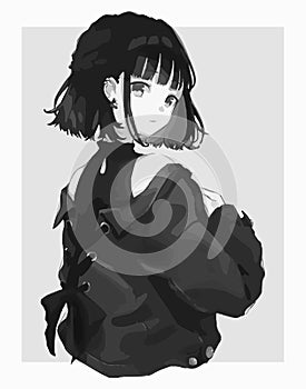 Illustration of anime girl in gray tones