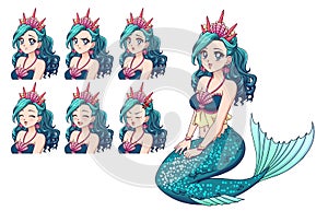 Illustration of anime mermaid and her expressions set. Cyan fish tail, cyan hair and cute big blue eyes. Hand drawn vector