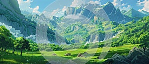 illustration of an anime mountain landscape with green meadows and blue sky