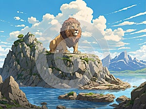 Illustration anime wallpaper of The great lion stand on cliff rock in ocean