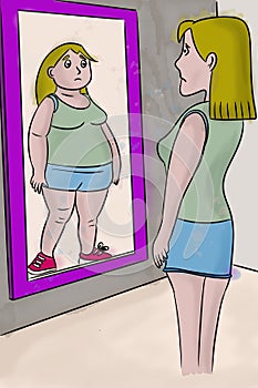 Illustration of anorexia mental disorder or psychological frustration, slim woman looking in mirror and seeing fat woman
