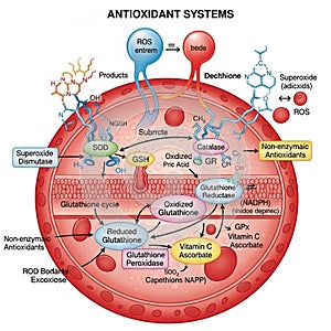 Arrows indicate chemical reactions and processes within the cellular