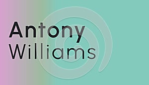 Illustration of antony williams text over blue and pink gradient background, copy space