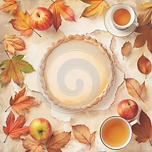 Illustration of apple pie and yellow autumn leaves. View from above