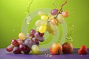 illustration, apples and grapes flying with splashes of juice, ai generative