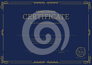 Illustration of appreciation certificate, this certificate is proudly presented to text on template