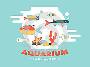 Illustration aquarium with fish, flat style