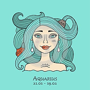 Illustration of Aquarius zodiac sign. Element of Air. Beautiful Girl Portrait. One of 12 Women in Collection For Your