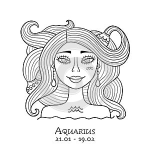 Illustration of Aquarius zodiac sign. Element of Air. Beautiful Girl Portrait. One of 12 Women in Collection For Your