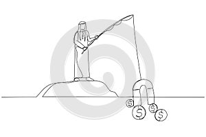 Illustration of arab businessman fishing money with big magnet. One line art style