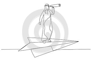 Illustration of arab businessman flying on paper plane. Business visionary and investment opportunity illustration. One line art