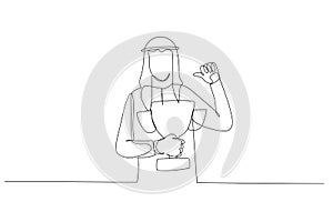 Illustration of arab businessman pointing self with thumb feeling proud get trophy award for achievement. Continuous line art photo