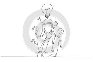 Illustration of arab businessman with question mark and lamp. Continuous line art style