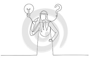 Illustration of arab businessman think of solution to solve problem with lightbulb and question mark. Solution to solve problem.