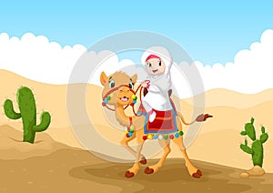 Illustration of Arab girl riding a camel in the desert