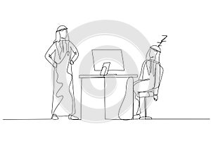 Illustration of arab man falling asleep at work time get caught by boss concept of slacking off. One line style art
