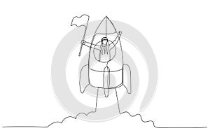 Illustration of arab man with flag on a rocket ship launching. Single continuous line art