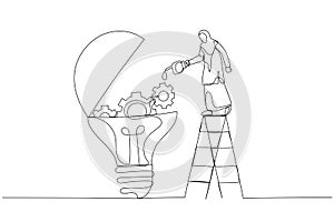 Illustration of arab muslim businesswoman drop lubricant or grease into mechanical gears lightbulb concept of creativity. One