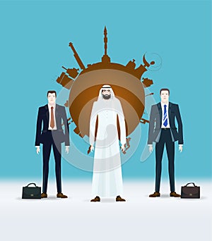 Illustration of Arabian businessman in national dress and his team