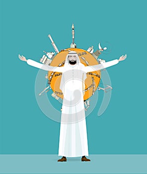 Illustration of Arabian businessman in national dress and his team. Oil and gas industry concept