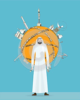 Illustration of Arabian businessman in national dress and his team. Oil and gas industry concept