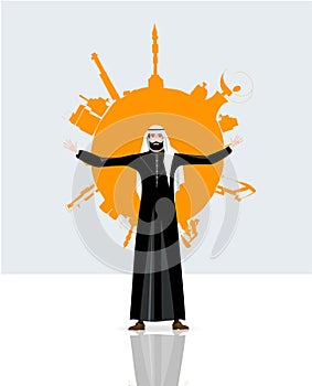 Illustration of Arabian businessman in national dress and his team. Oil and gas industry concept