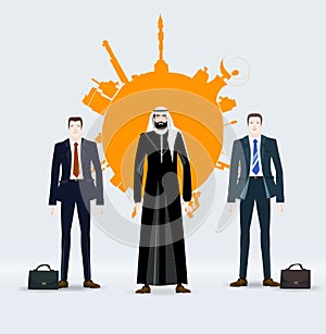 Illustration of Arabian businessman in national dress and his team. Oil and gas industry concept