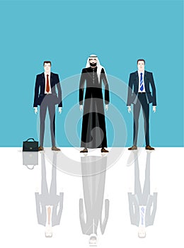 Illustration of Arabian businessman in national dress and his team. Oil and gas industry concept