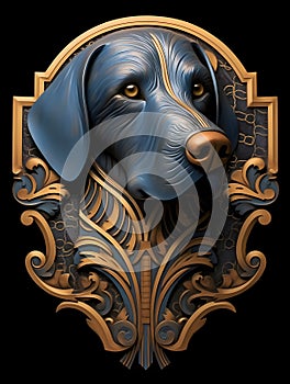 Illustration in art deco style of a dog. Sophisticated aesthetics in golden details.