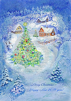 Illustration, art, drawing, watercolor, night, village, houses, winter, Christmas tree, blue, background, new year, snow,