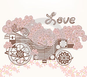 Illustration with art fake carriage and flowers in vintage style