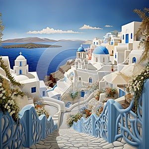 illustration art landscapes The Santorini island of Greece, tourist attraction, Generative AI