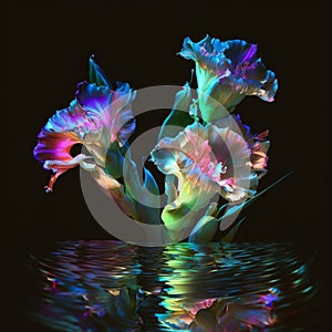 illustration art picture gladiolus neon halographic on the water. poster hanging. photo