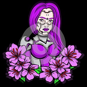 illustration art robot girl purplr hair with flower character tattoo and tshirt design photo