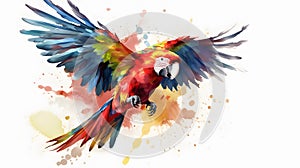 Illustration art watercolor of Red Scarlet Macaw bird with colorful feather flying isolated on white background