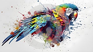 Illustration art watercolor of Scarlet Macaw bird with colorful feather artistic isolated on white background