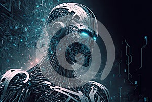 Illustration of artificial intelligence, cyborg, robot, android, human machine, transhumanism. Generative AI