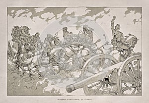 Illustration of an artillery battery in a battlefield